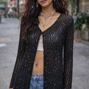 Vintage Y2K Crotchet Beaded Cardigan Medium Black Whimsigoth